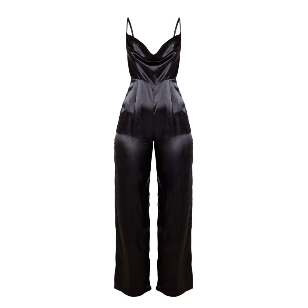 Black satin cowl neck jumpsuit